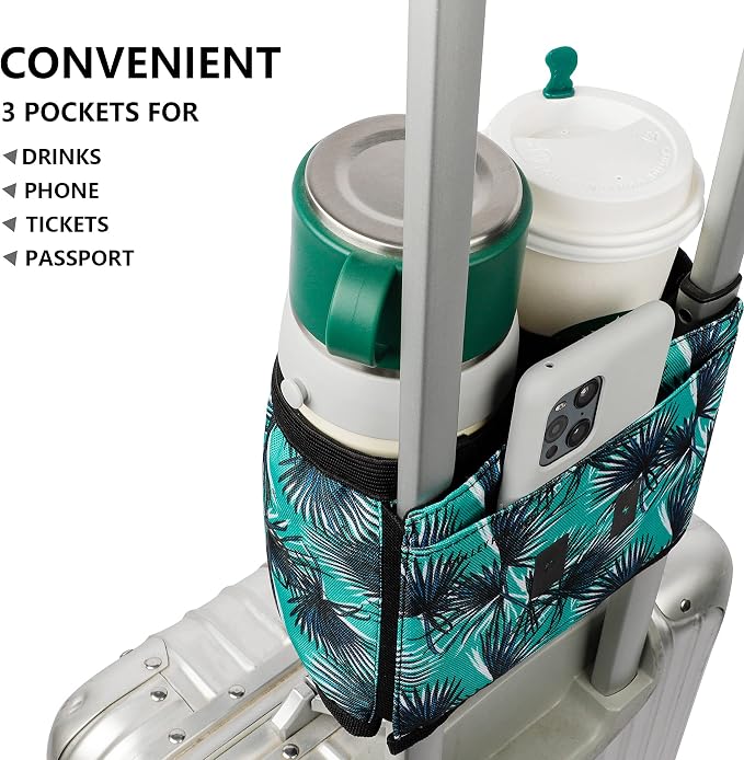 riemot Luggage Travel Cup Holder Free Hand Drink Carrier - Hold Two Coffee Mugs - Fits Roll on Suitcase Handles - Gifts for Flight Attendants Travelers Accessories Vacation Leaf - Image 3