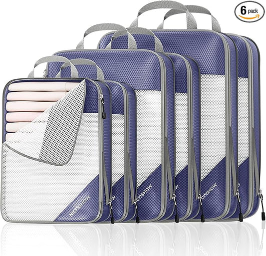 NICOSHOW Compression Packing Cubes 6 Set, Compressible Space-Saving Packing Cubes for Travel - Compression Bags, Luggage Organizer, Travel Essentials for Women, Bluish Purple