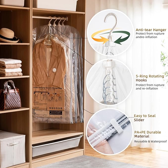 TAILI Hanging Vacuum Sealer Storage Space Saver Bags for Clothing,Travel, Suits and Jackets, Closet Organizers, 6 Pack Jumbo Clear