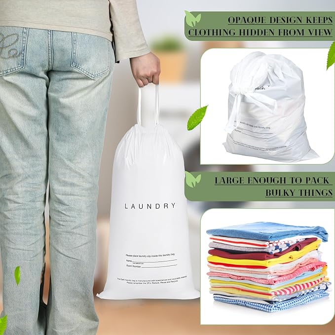100 Pack Hotel Laundry Bags Bulk 1.38 Mil 14" x 24" Laundry Plastic with Drawstring Closure Writing Strips Patient Personal Belongings Dirty Clothes Bag for Factory Travel Hospital