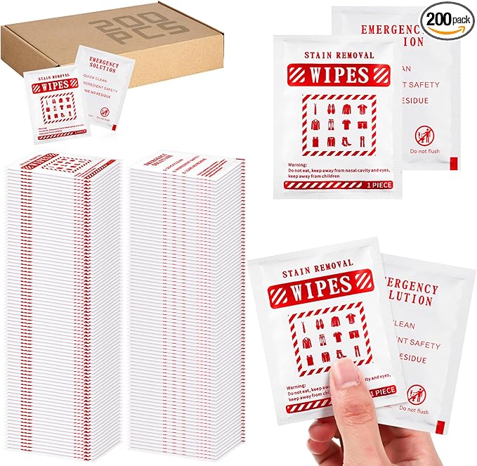 Timgle 200 Pcs Instant Stain Remover Wipes Individual Wrapped Stain Remover Wipes Bulk Portable No-rinse Cleaner for Clothes Fabric Coffee Grease Travel Purse Diaper Bag Car Laundry (White)