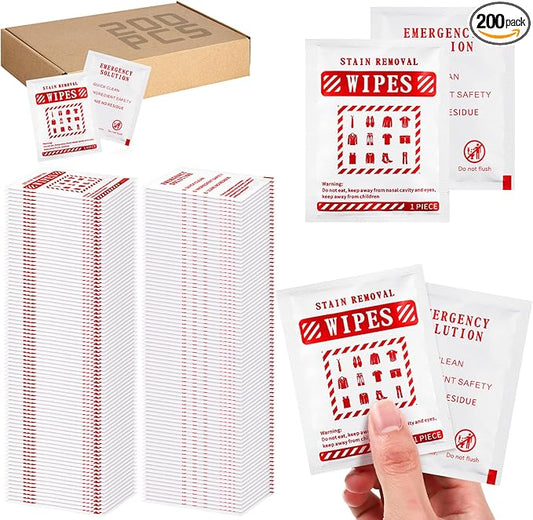 Timgle 200 Pcs Instant Stain Remover Wipes Individual Wrapped Stain Remover Wipes Bulk Portable No-rinse Cleaner for Clothes Fabric Coffee Grease Travel Purse Diaper Bag Car Laundry (White)