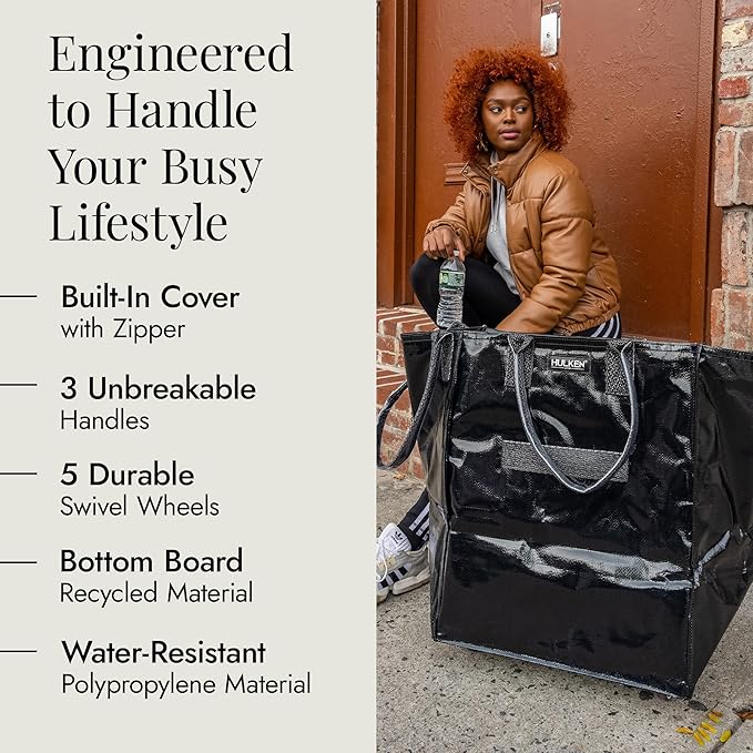 HULKEN - Large, Black - Reusable Grocery Bag On Wheels, Shopping Trolley, Rolling Tote, Zipper Closure, Lightweight, Carries Up to 66 lb & Fits 5 Grocery Bags, Folds Flat, Unbreakable Handles