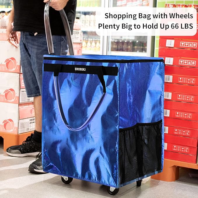 (Medium, Navy Blue) Reusable Grocery Bag on Wheels, 70L Foldable Rolling Tote, Carries Up to 66 lbs Shopping Trolley, Zipper Clouser Shopping Carts for Trips, Laundry, 4 Heavy Duty Wheels