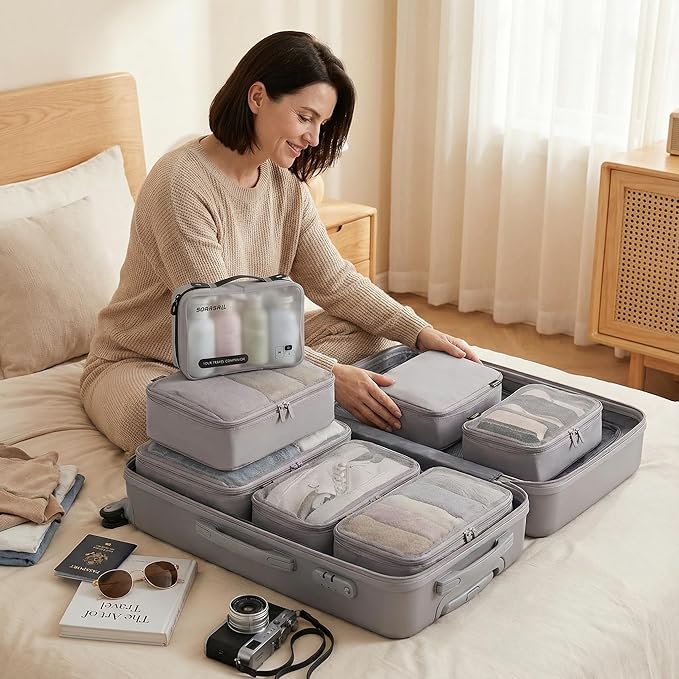 6 Set Compression Packing Cubes for 7–14 Day Travel, Durable Nylon Oxford Luggage Organizers with IP6X Waterproof Toiletry Bag, Expandable Suitcase Packing System (Misty Silver)