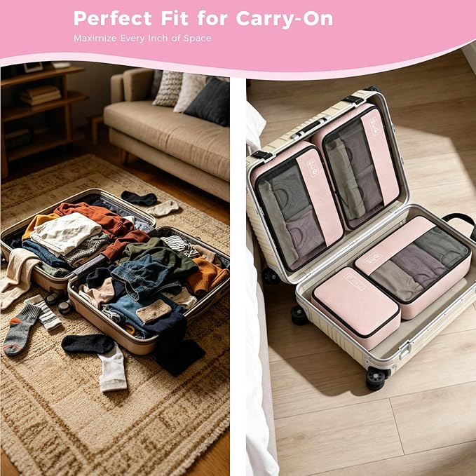 8-Piece Compression Packing Cubes for Travel, Stylish Luggage Organizer Set for Women, Space Saving Travel Essentials, Perfect for Vacation Cruise, Weekend Getaways & Carry-On Packing - Light Pink