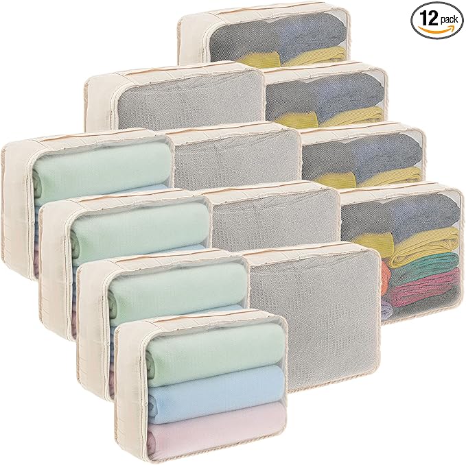 Kifmurase 12 Pcs Packing Cubes for Suitcase Travel Luggage Organizers Bulk Large Mesh Clothing Underwear Bags Foldable Laundry Bags for Hiking Camping Backpacking Clothes Accessories (Beige)