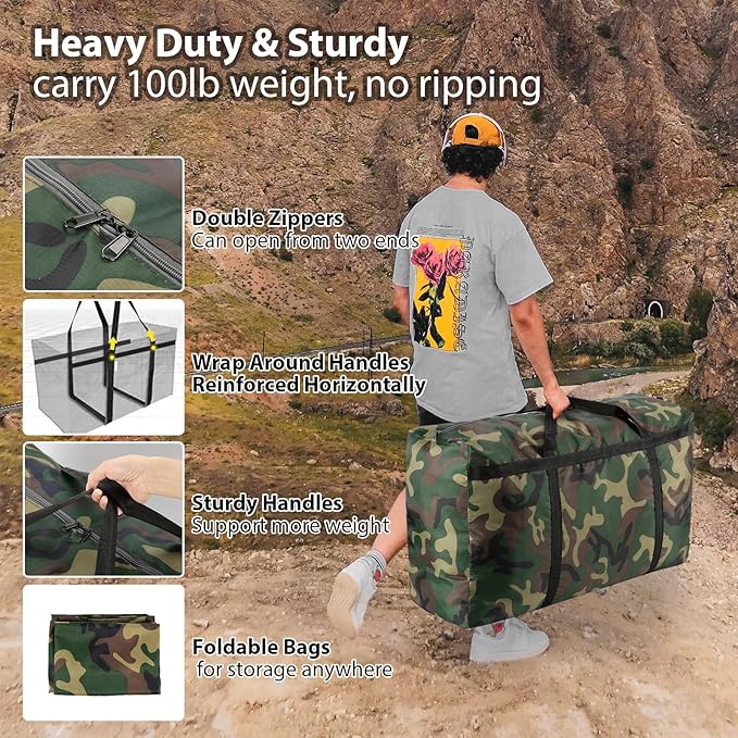 Camouflage Extra Large Moving Bags, Heavy Duty Storage Bags, 600D Oxford Cloth Wrap Around Handles Double Zipper, Waterproof Reusable Convenient (100L-2P)