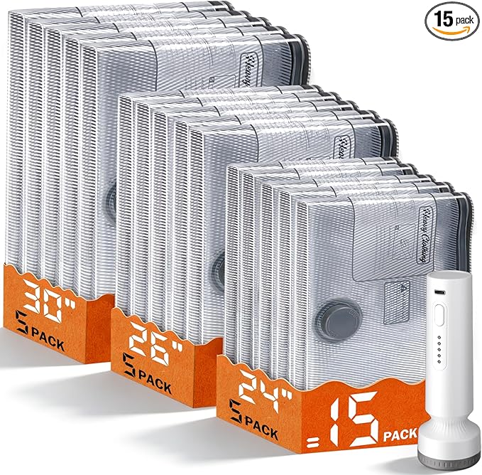 15 Pack Vacuum Storage Bags with Pump, Space Saver Travel Bags with Rechargeable Wireless Pump, Reusable Tear-Proof Compression Packing Cubes for Heavy Clothes/Bedding/Luggage/Moving 15 Combo Size