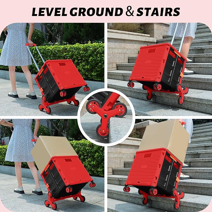 FELICON SELORSS Folding Utility Cart Portable Rolling Crate Handcart with Stair Climbing Wheels&360°Swivel Wheels Telescoping Handle Plastic Box Dolly for Travel Shop Move Office Teacher Use(Red)