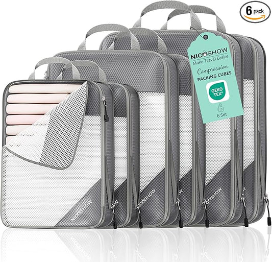 NICOSHOW 6 Set Compression Packing Cubes for Travel - Compressible, Lightweight, and Space-Saving Packing Cubes, Travel Essentials for Women, Grey