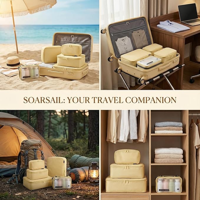6 Set Compression Packing Cubes for 7–14 Day Travel, Durable Nylon Oxford Luggage Organizers with IP6X Waterproof Toiletry Bag, Expandable Suitcase Packing System (Bright Yellow)
