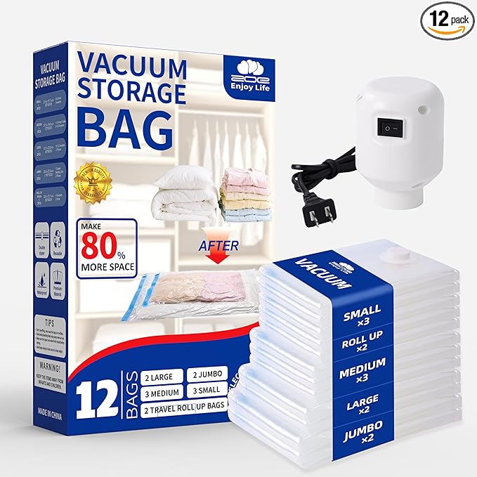 Vacuum Storage Bags with Electric Pump, 12 Pack Space Saver (2 Jumbo,2 Large,3 Medium,3 Small,2 Roll-Up) for Clothes, Bedding, Home & Travel, Heavy Duty PA+PE Vacuum Seal Bags
