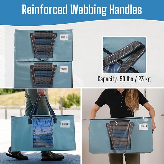 VENO 6 Pack Heavy Duty Moving Bags, Clothes and Comforter Storage Bags with Clear Window, College Dorm Essentials Packing Supplies, Foldable Boxes Alternative (Shiny Light Blue, 6 Pack)