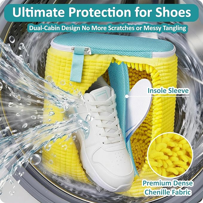 Upgraded Dual Compartment Shoe Washing Machine Bag, 420g Heavy-Duty Sneaker Laundry Bags with Clasp-Lock Zipper, Thick Chenille & Reinforced Seams for Maximum Protection, Yellow/Blue, 2-Pack