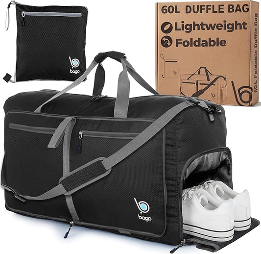 Bago Medium Duffle Bag for Travel Women & Men. Durable Lightweight Foldable Travel Duffel Bags For Traveling Women. 60L Duffle Bags For Overnight Bag With Shoe Compartment Collapsible Weekender duffel