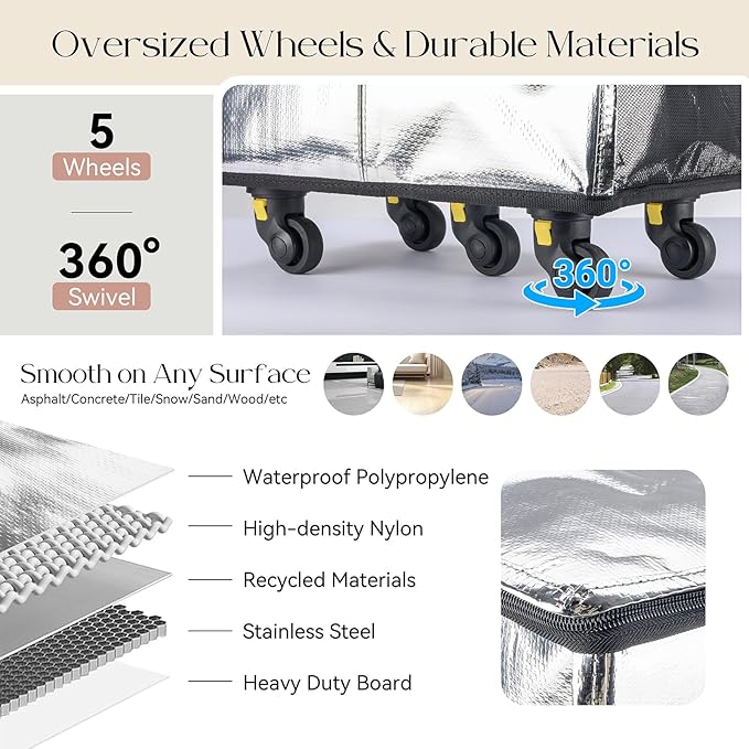 Reusable Grocery Bag on 5 Wheels, Foldable Rolling Tote Bag with Handle and Zipper Cover, Heavy Duty Shopping Cart for Laundry, Market & Travel (Silver, Medium_67L)