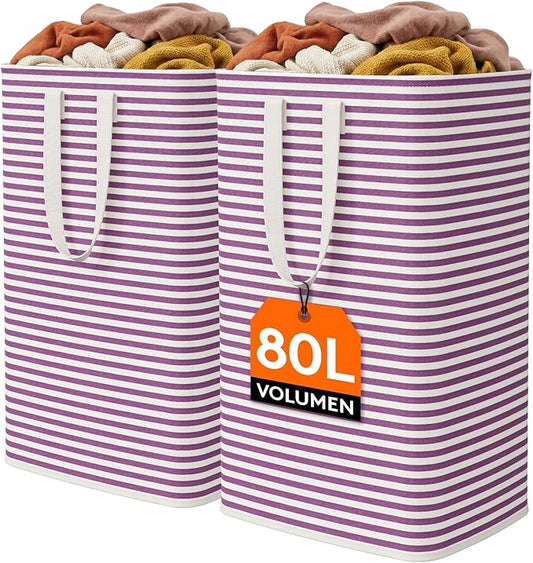 Lifewit 2 Pack Laundry Hamper Large Collapsible Laundry Baskets, Freestanding Waterproof Clothes Hamper with Easy Carry Handles in Laundry Room Bedroom Bathroom College Dorm, Purple, 2 x 80L
