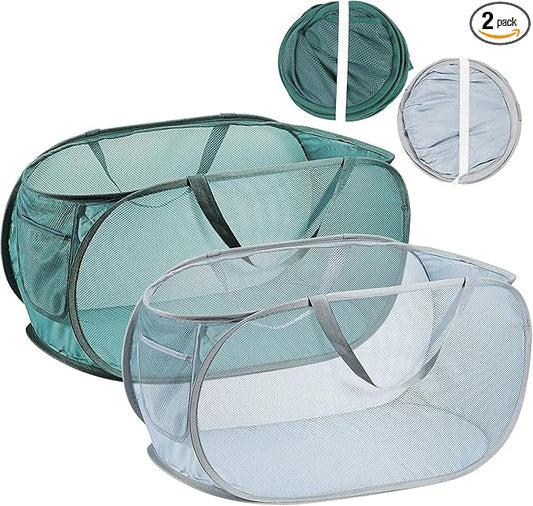2PCS Mesh Laundry Hamper,Collapsible Laundry Baskets,75L Large Foldable Dirty Laundry Clothes Hamper Storage Basket Horizontal with Side Pocket&carry Handle for Home Travel grey Emerald