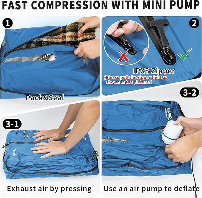 Reusable Vacuum Bags for Travel With Pump,Professional Waterproof IPX8 Zipper Vacuum Compression Bag for Suitcases Backpack,Space Saver Bags Packing Organizers for Clothing Packing(3 Pack,Blue)
