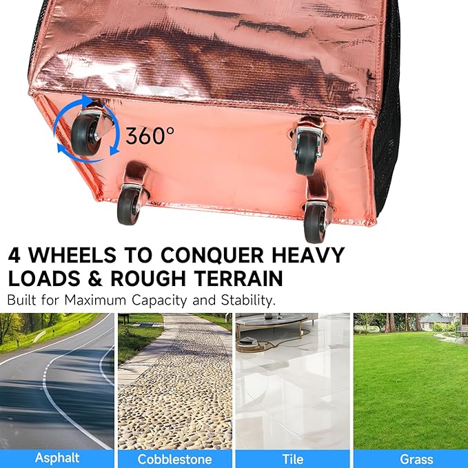 Reusable Grocery Bag On Wheels, Foldable Shopping Trolley with Enhanced Stability Wheels, Water Resistant, 6 Pockets & 3-Way Carry for Outdoor, Camping, Small, Rose Gold