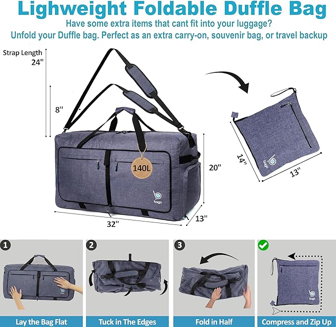 Bago Extra Large Duffle Bag for Travel Women & Men. Durable, Lightweight, Foldable Travel Duffel Bags For Traveling Women. 140L Duffle Bags Use As a Weekender Bag with Shoe Compartment, Checked Duffel