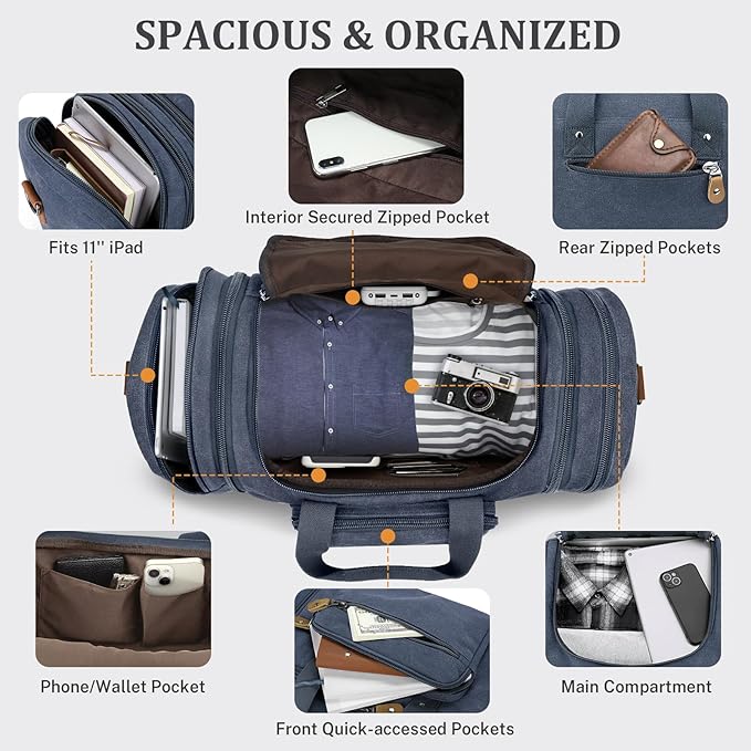 Gonex Canvas Duffle Bag for Travel 60L Expandable Duffel Weekend Overnight Bag men (Denim Blue)