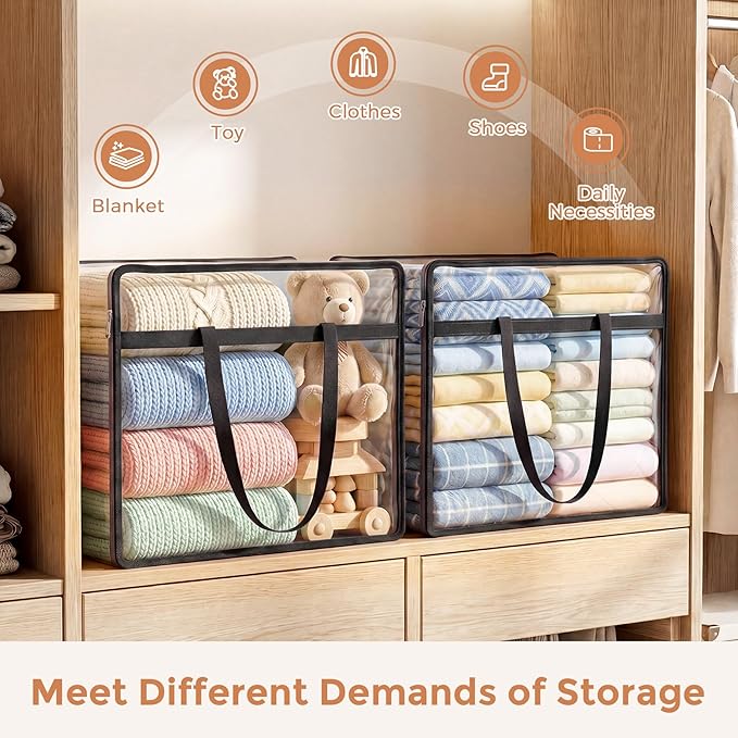 Budding Joy Clear Zippered Storage Bags for Clothes,40L Closet Organizers and Storage Containers Vinyl Moving Bag for Bedding, Linen, Blankets, Comforters, Clothing & Toys, Black, 4 Pack