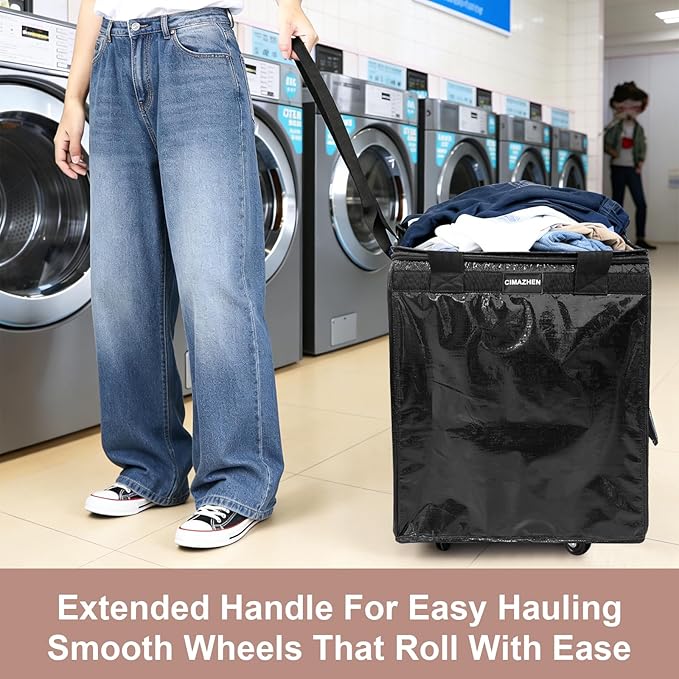 (Medium,Black) Reusable Grocery Bag on 4 Wheels, Foldable Rolling Tote Bag with 3 Handles and Zipper, Storage Organizer for Groceries, Rolling Shopping Cart for Travel, 76lb