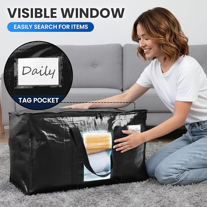 TAILI Extra Large Moving Bags, 6 Pack Black Heavy Duty Totes For Storage with Visible Window, Wrap Around Handles, Storage Bags for Space Saving, Alternative to Moving Boxes