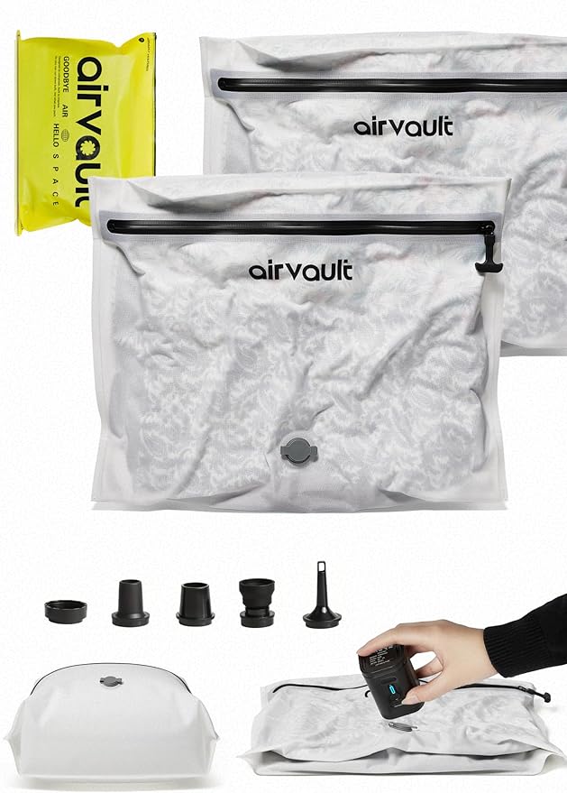 AirVault Premium Reusable Vacuum Seal Storage Bag for Carry On Suitcases & Backpack, Space Saver Airline Travel Vacpack, Pump Included (15L Flat, 2-Pack)