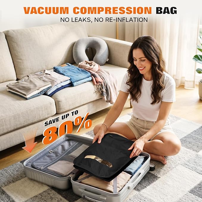 Vacuum Bags for Travel with Wired Pump, Travel Compression Bags for Clothes, 180° Open Zipper, Save 80% Space, IP68 Waterproof Travelpack Vacuum Kit for Luggage, Suitcase, Home Storage (2 Pack + Pump)