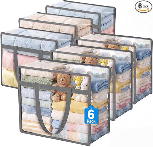 Budding Joy 6 Pack Clear Zippered Storage Bags for Clothes,40L Closet Organizers and Storage Containers Vinyl Moving Bag for Bedding, Linen, Blankets, Comforters, Clothing & Toys, Grey
