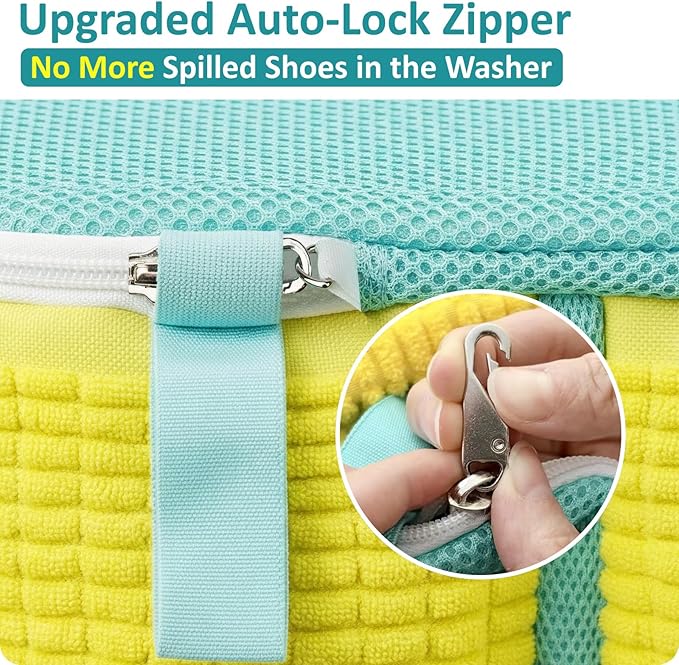 Upgraded Dual Compartment Shoe Washing Machine Bag, 420g Heavy-Duty Sneaker Laundry Bag with Clasp-Lock Zipper, Thick Chenille & Reinforced Seams for Maximum Protection, Yellow/Blue, 1-Piece