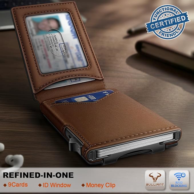 BULLIANT Men Slim Magnetic Leather Wallet Metal Case Money Clip 9 Cards - Image 2