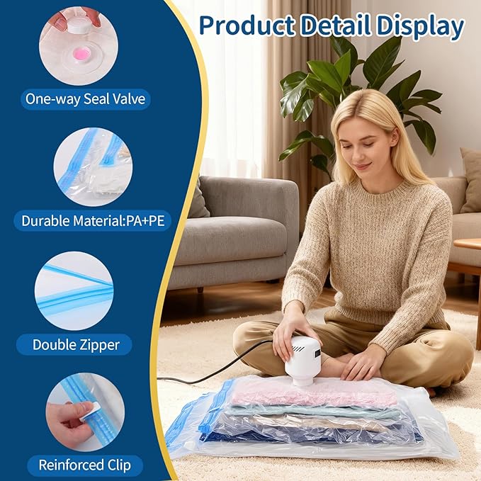 Vacuum Storage Bags with Electric Pump, 12 Pack Space Saver (2 Jumbo,2 Large,3 Medium,3 Small,2 Roll-Up) for Clothes, Bedding, Home & Travel, Heavy Duty PA+PE Vacuum Seal Bags