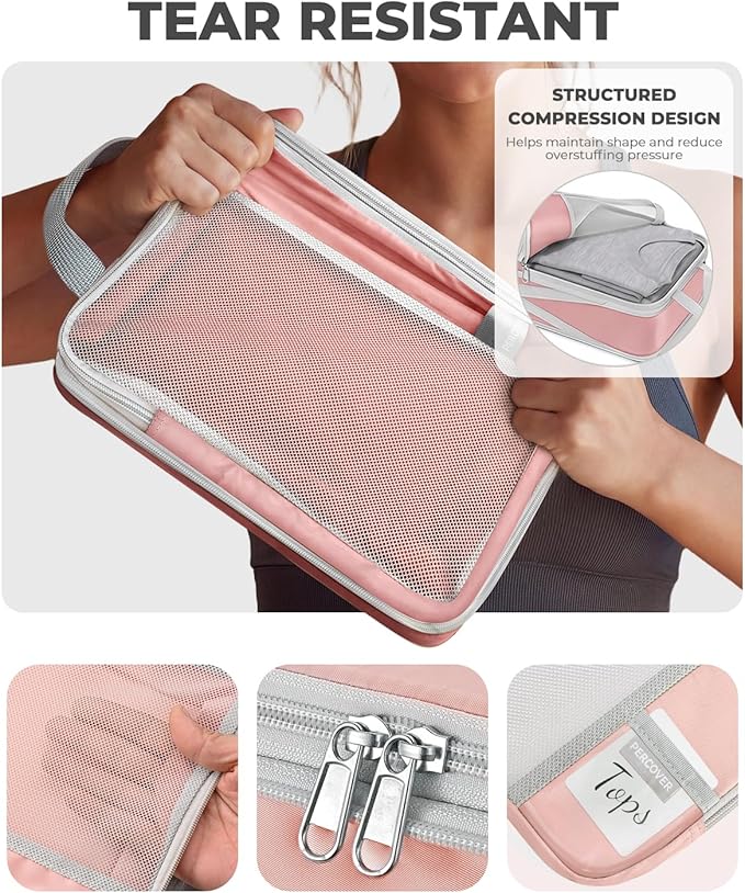 Percover Compression Packing Cubes for Travel, 4-Piece Structured Compression Organizer Set with Label Pockets for Carry-On & Checked Luggage, Pink