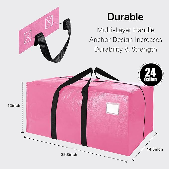 VELVETSURE 6 Pack Heavy Duty Large Moving Bags W/Backpack Straps - Strong Handles & Zippers, Storage Totes For Space Saving, Fold Flat, Alternative to Moving Box and Storage Bin, Pink