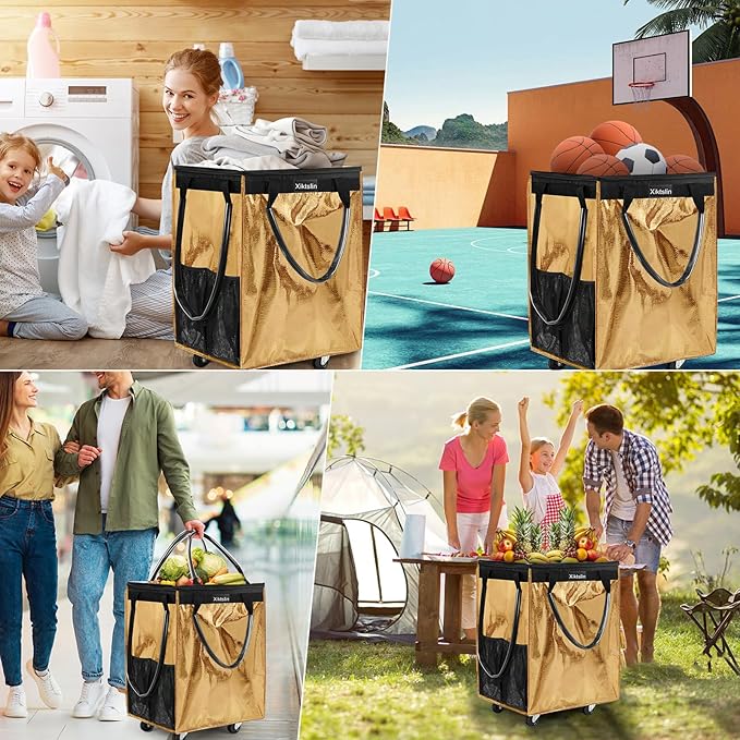 (Medium, Gold) Reusable Grocery Bag on 4 Wheels, Foldable Rolling Tote Carries Up to 66lb Shopping Trolley, Rolling Bag with 3 Handles, Zipper Clouser Rolling Tote Bag with Wheels for Laundry