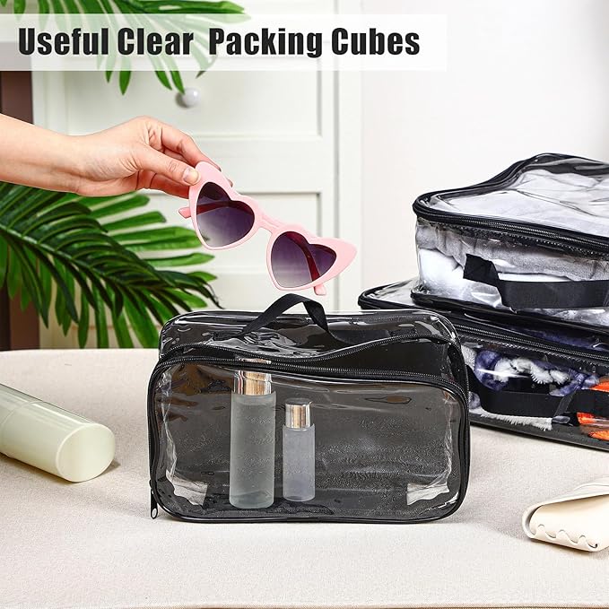 Hillban 6 Pcs Black Large Clear Travel Packing Cube 3 Sizes See Through PVC Organizer for Suitcase Multipurpose Pouch with Handle Vinyl Zippered Storage Bags Luggage Cube Organizer