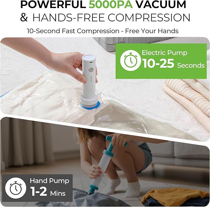 Vacuum Storage Bags for Travel: 15 Pack Compression Packing for Clothes with Rechargeable Air Pump Carry-on Size Vacuum Seal Bags Luggage＆ Suitcase Space Saver Organizer for Clothing