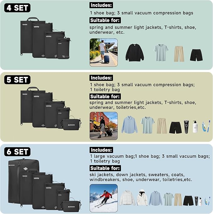 6 Set Vacuum Bags for Travel, Professional IPX8 Reusable Organizer, Compression Packing cube for Suitcases, Durable Seal Space Saver Bags -Traveling/Skiing Essentials (Black with Pump)