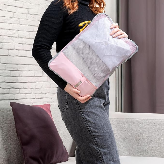 (Not Made In China) 6pc Compression Packing Cubes For Travel, Suitcase and Luggage Space Saver Organizer Bags, Lightweight, Waterproof, Durable, Pink