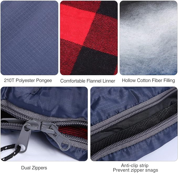 REDCAMP Flannel Sleeping Bag for Adults, Comfortable Cotton Envelope Sleeping Bags for Camping, Backpacking, Hiking, with Detachable Hood&Compression Sack, Blue/Red/Grey/Black
