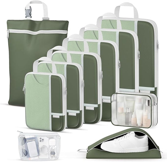 Percover Compression Packing Cubes for Travel, 10-Piece Structured Compression Organizer Set with Toiletry Bag, Laundry Bag & Shoe Bag for Carry-On & Checked Luggage, Green