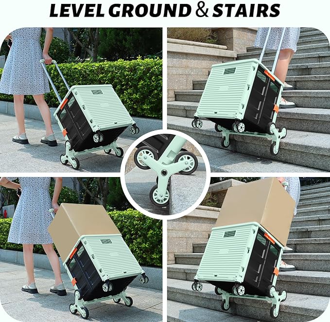 FELICON SELORSS Folding Utility Cart Portable Rolling Crate Handcart with Stair Climbing Wheels&360°Swivel Wheels Telescoping Handle Plastic Box Dolly for Travel Shop Move Office Teacher Use(Green)