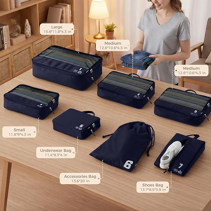 7 Set Compression Packing Cubes for Travel, Luggage Organizer Bags for Suitcases with Mesh Panels, Shoe Bag & Toiletry Bag for Carry On, Vacation & Cruise Essentials (Navy Blue)