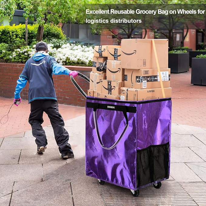 (Medium, Light Purple) Reusable Grocery Bag on Wheels, 70L Foldable Rolling Tote, Carries Up to 66 lbs Shopping Trolley, Zipper Clouser Shopping Carts for Trips, Laundry, 4 Heavy Duty Wheels