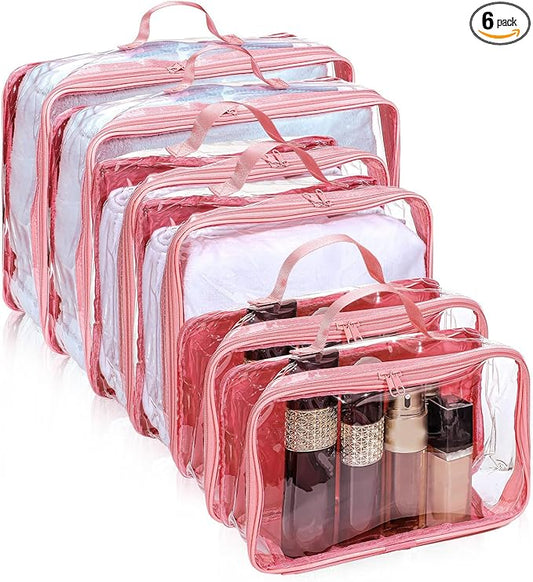 Hillban 6 Pcs Pink Large Clear Travel Packing Cube 3 Sizes See Through PVC Organizer for Suitcase Multipurpose Pouch with Handle Vinyl Zippered Storage Bags Luggage Cube Organizer