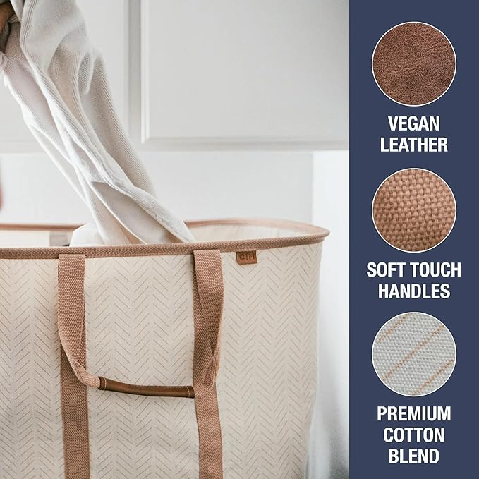 CleverMade Collapsible Laundry Caddy – Foldable Laundry Hamper & Tote, XXL 64L Pop-Up Laundry Basket with Handles, Space-Saving Laundry Organizer for Home & Travel, 2 Pack - LUXE Cream Herringbone